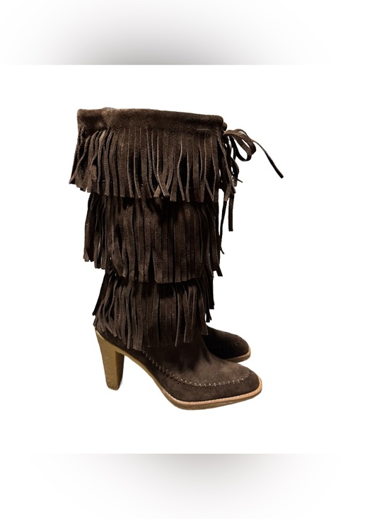 Michael Kors Shoes - Michael Kors Suede Fringe Boot Women's 6.5 High Heel Chocolate Western Cowgirl